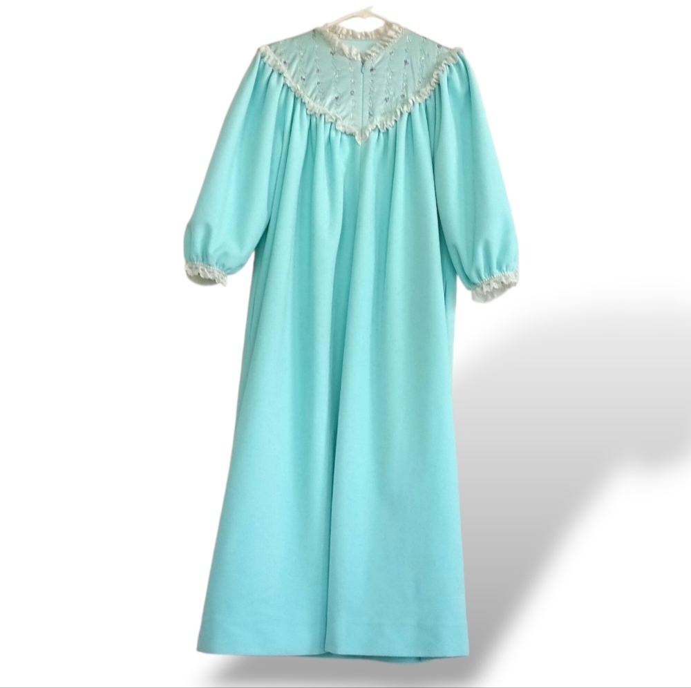 Vintage Aqua Fleece Nightgown Long Sleeve Lace